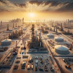 Qatar Oil Companies: Industrial Complexes & Workers at Sunset