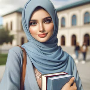 Young Student in Sky Blue Hijab: Cultural Identity & Academic Pursuit