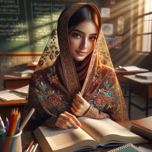 Elegant South Asian Student Studying with Traditional Veil