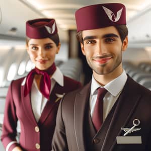 Professional Qatar Airways Flight Attendant in Maroon Suit