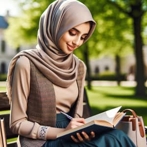 Graceful Middle-Eastern Student Immersed in Learning Outdoors
