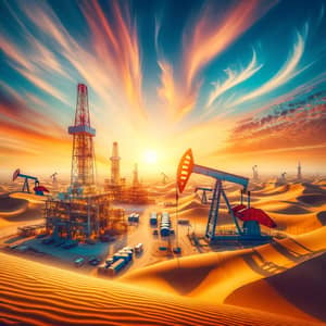 Energy Industry in Qatar: Vibrant Oil Drills in Desert Landscape