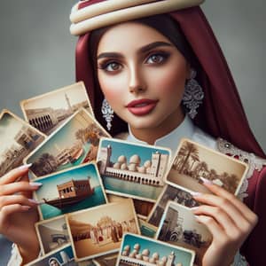 Qatari Girl in Traditional Attire with Vintage Photo Collection