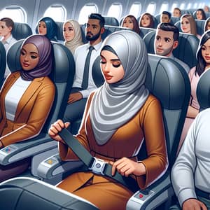 Middle-Eastern Female Flight Attendant Demonstrating Safety Instructions