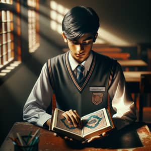 Young South Asian Male Student Studying Holy Quran at School Desk