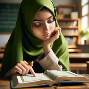 Middle-Eastern Female Student Reading Holy Quran at School
