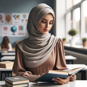 Dedicated Middle-Eastern Student in Hijab Engaged in Learning