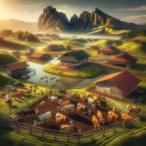 Serene Countryside Farms with Cattle and Red Roofs