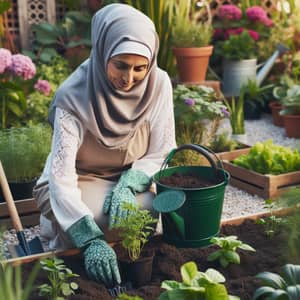 Middle-Aged Arab Woman Planting Green Plants in Garden