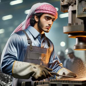 Expert Qatari Man Operating Heavy Machinery in Iron & Steel Factory