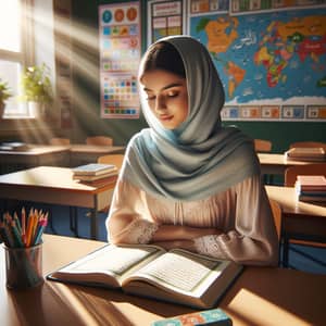 Middle-Eastern Female Student Reading Holy Quran | Classroom Scene