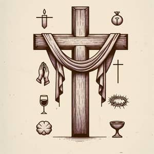 Hand-Drawn Wooden Cross with Symbolic Elements