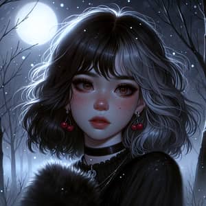 Enigmatic Night: East Asian and Gray Haired Girls in the Dark Forest