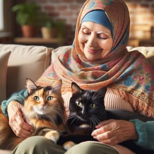 Elderly Woman in Colorful Hijab with Two Cats on Beige Couch