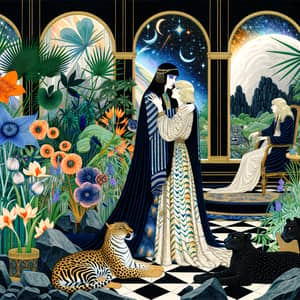 Queen of Plants & Flowers: Luxurious Scene with Panthers
