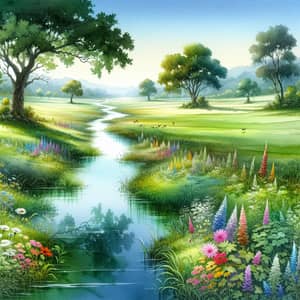 Tranquil Watercolor Landscape: Verdant Fields & Wildflowers