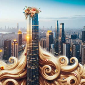City Skyscraper with Fairytale Hair and Flowers