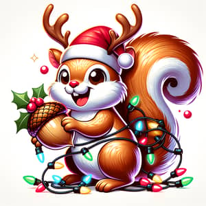 Cartoon Squirrel with Reindeer Antlers and Santa Hat Illustration