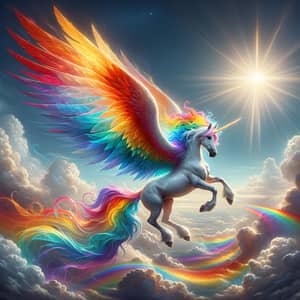 Majestic Rainbow Unicorn Soaring in Sunny Sky