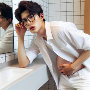 Stylish Pregnant Korean Teenage Boy in Bathroom