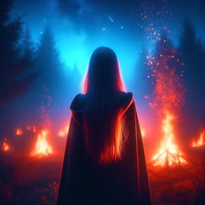 Mysterious Girl by Bonfire: Fiery Nocturnal Scene