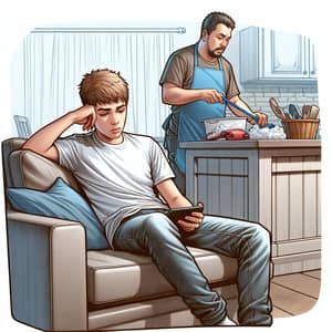 Teenager Boy's Apathy Towards Chores: Father's Patience in Home Scene
