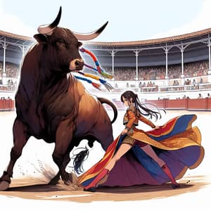 Female Matador Engages Bull in Arena | Anime Style Artwork