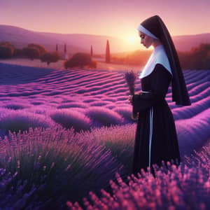 Hispanic Nun Amidst Lavender Fields | Tranquil Scene
