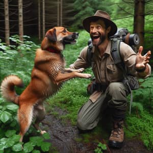 Caucasian Man Reunites with Lost Brown Dog in Forest