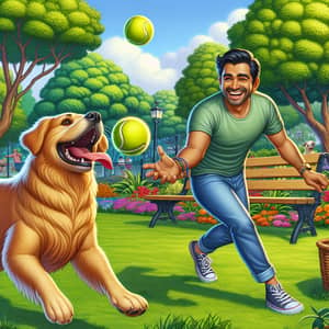 Dynamic Interaction in Lush Park: Hispanic Man and Golden Retriever Playing with Tennis Ball