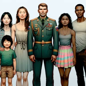 Russian Military Man Standing Proudly with Diverse Family Illustration