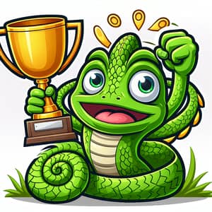 Cartoon Chameleon Celebrating Victory with Trophy