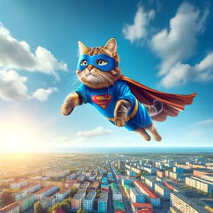 Superhero Cat Soaring in the Sky: Protecting Town Below