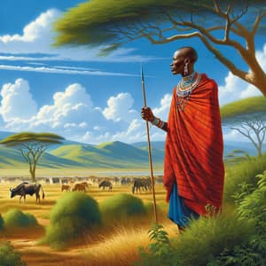 Authentic Masai Warrior in Serene African Plains