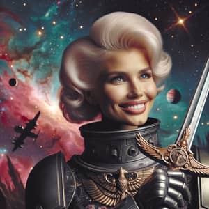 Iconic Platinum Blonde Woman in 1950s Space Marines Costume