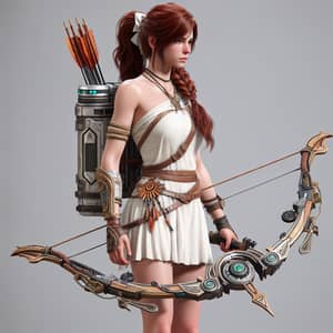 Auburn-Haired Female Character in White Dress with Futuristic Bow