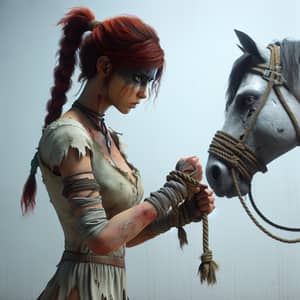 Apocalyptic Future Game: Red-Haired Heroine Freeing Horses