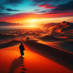 Vibrant Desert Landscape with Solitary Walker at Sunset