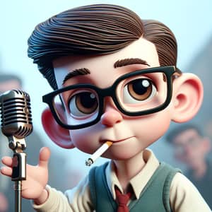 Disney style cover rapper smoking with white brown eyes clear glasses short hair brown