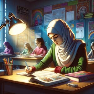 Middle-Eastern Female Student Studying in Vibrant Art Nouveau Style