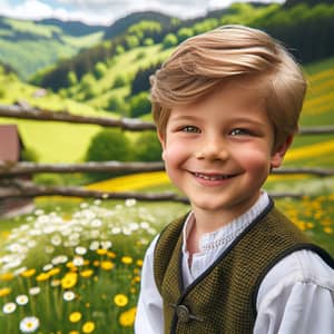 Young German Boy in Traditional Clothing in Vibrant Spring Landscape