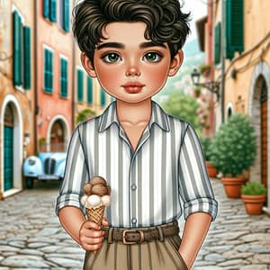Italian Boy Illustration: Stylish Outfit & Gelato Scoop