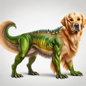 Golden Retriever and Green Dinosaur Fusion Creation