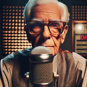 Elderly Hispanic Announcer with Deep Voice in Vintage Studio