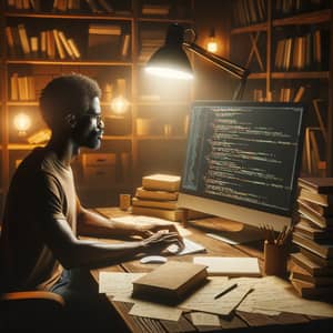 Middle-aged Black Man Coding at Wooden Desk | Coding Scene