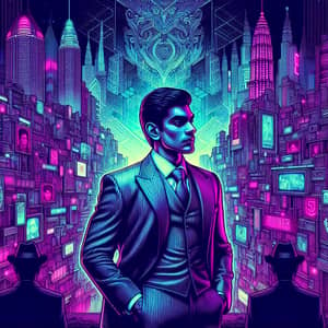 South Asian Mafia Man in Neon-Lit Cityscape | Futuristic Isometric Art