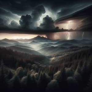 Intense Landscape Scene: Thunderstorm Brewing Over Forest Mountain Range