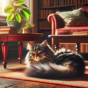 Charming Domestic Cat Resting in Warmly Lit Living Room