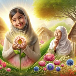 Serene Village with Blooming Flowers: Middle-Eastern Girl and Wise Asian Grandmother Story