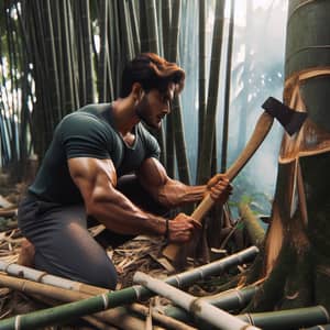 South Asian Man Cutting Down Bamboo Tree with Axe